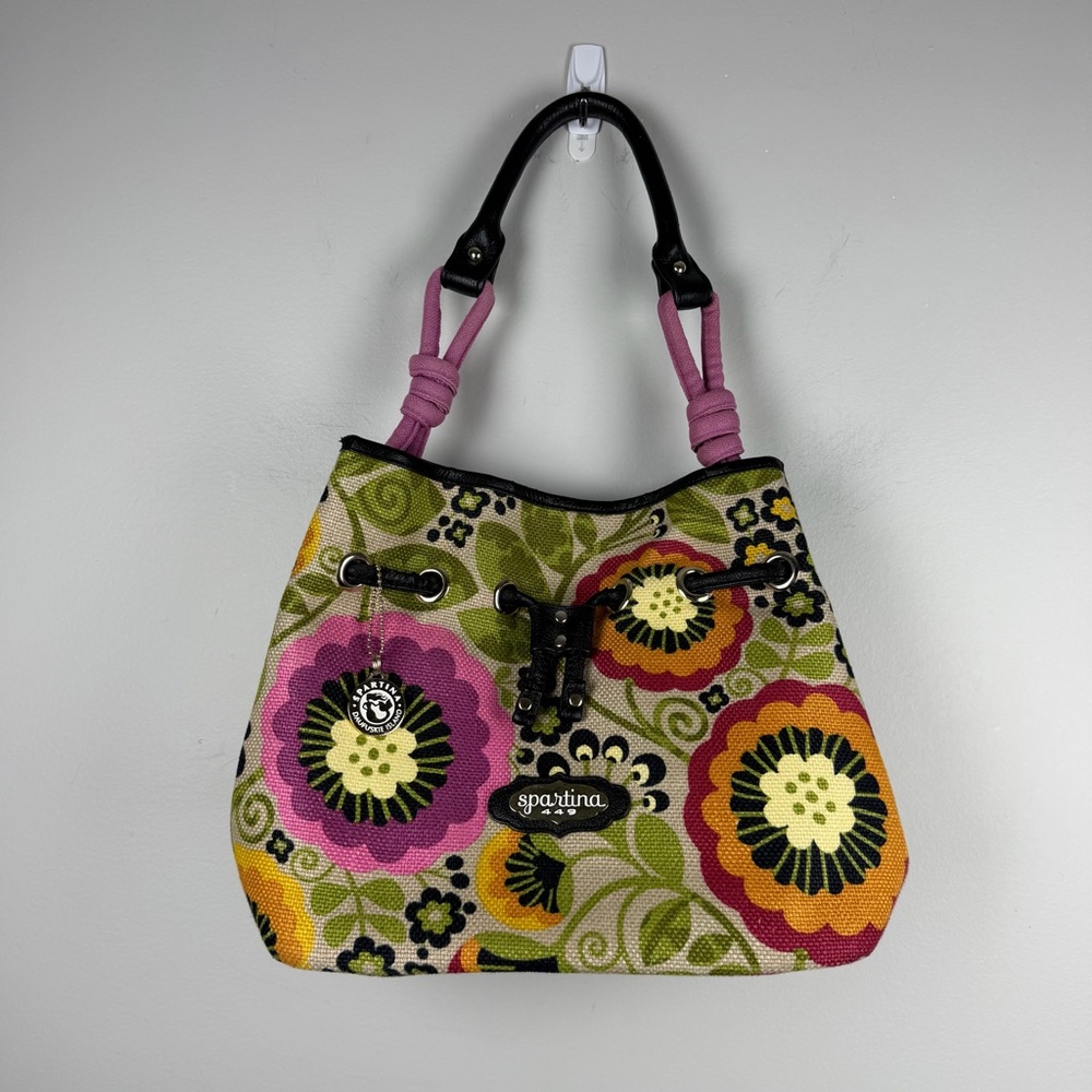 Spartina 449 Floral Print Leather Linen Drawstring Bucket Bag Medium Purse Boho